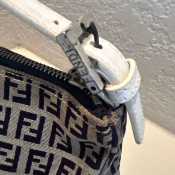 Fendi Zucchino Mini Bag Navy White FF Logo Slouchy Baguette Shoulder Purse - Picture 5 of 15